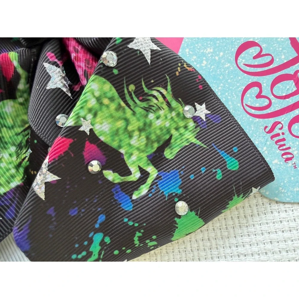 JoJo Siwa Signature Bow Black Paint Splatter Unicorn Rhinestone Hair Clip 6.5in